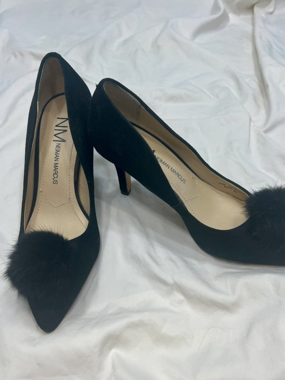 Neiman Marcus Black Suede Pom Pom Pointed Pumps Size 5M